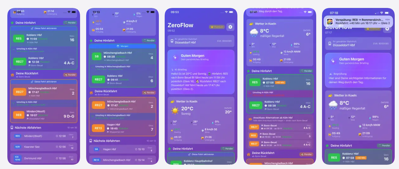 ZeroFlow Screenshots: Briefing, Pendler-Verbindungen, Verspätungsalarm, Wetter und Verkehr
